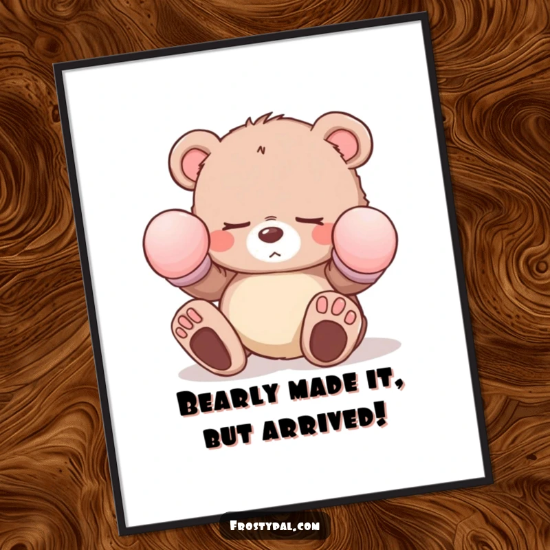 Funny free printable wall art of a sleepy bear cub wearing oversized mittens, tripping over its feet, adorably clumsy.