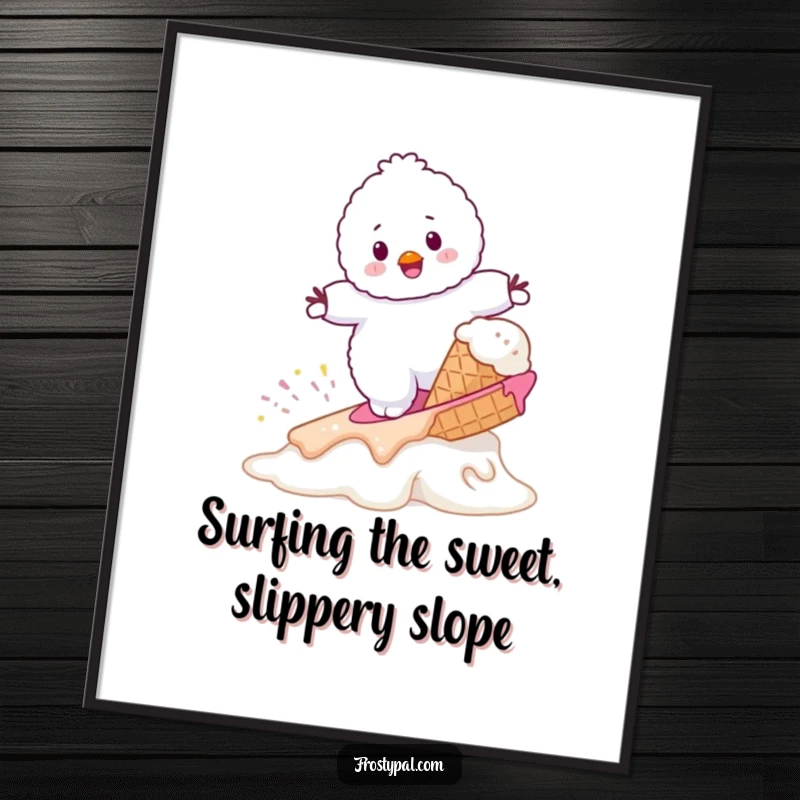 Funny free printable wall art: a snowman attempting to surf on a melting ice cream cone, embodying summer fun.