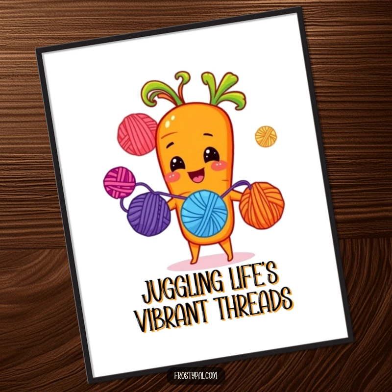 Funny free printable wall art: a cheerful carrot juggling colorful yarn balls with sprout-hands, embodying creative fun.