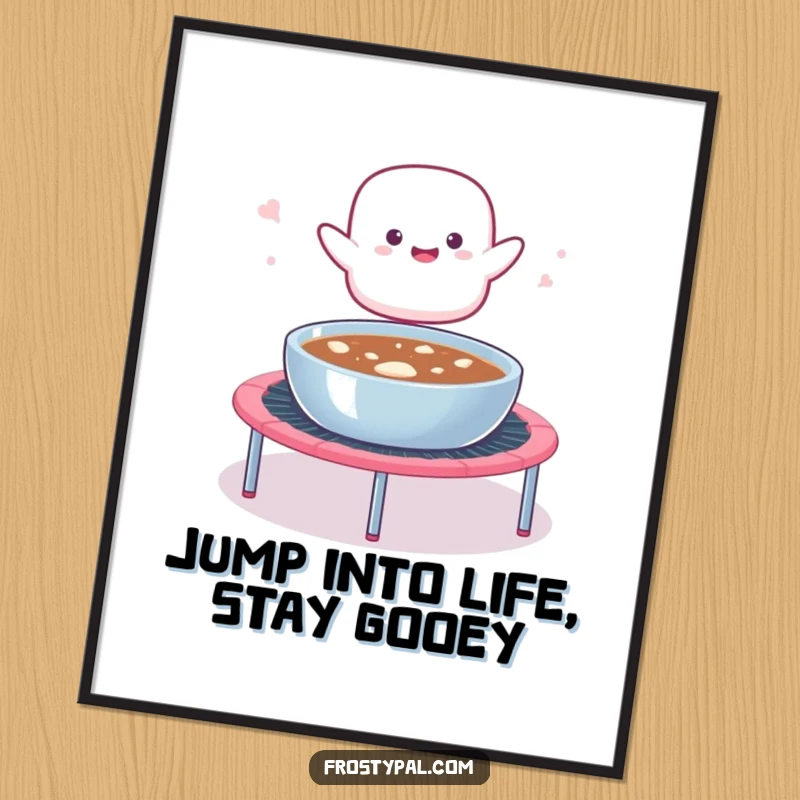 Funny Free Printable Wall Art: A marshmallow blob launching from a trampoline into a hot cocoa bowl with a splash, evoking comfort.