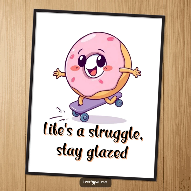 Funny Free Printable Wall Art: A cheerful donut aggressively roller skating uphill, inspiring with its determined struggle.