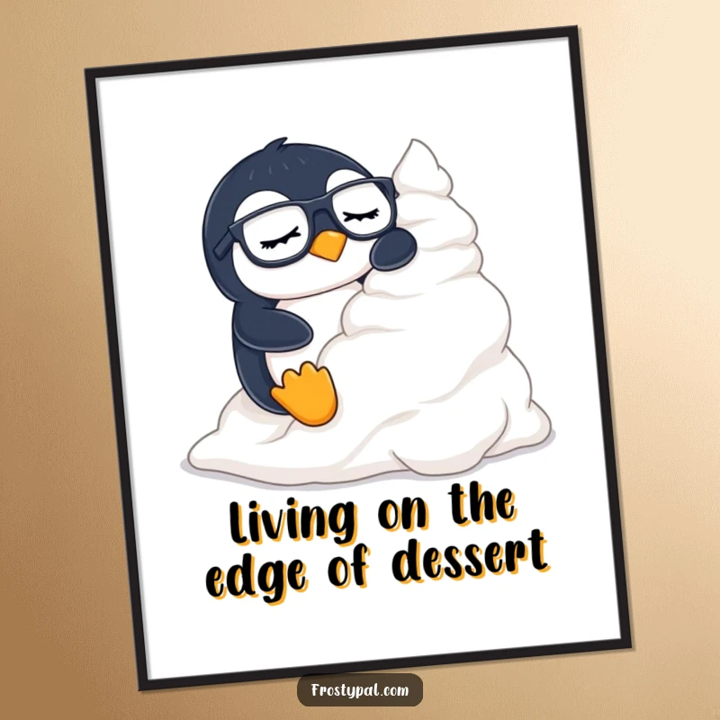 Funny Free Printable Wall Art: A sleepy penguin wearing glasses joyfully sliding down a massive mountain of fluffy whipped cream.