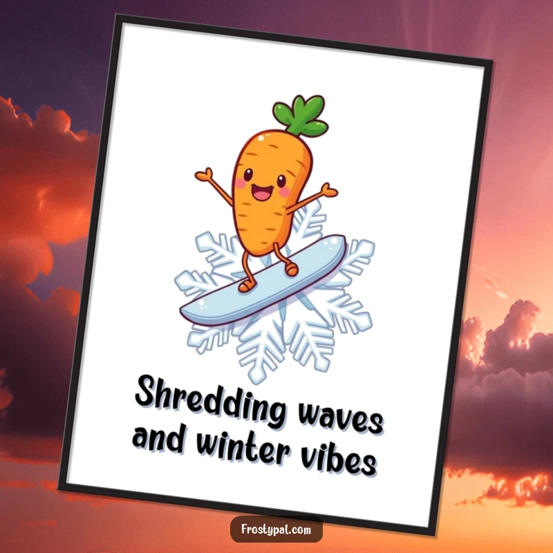 Funny Free Printable Wall Art: A cheerful carrot with stick legs joyfully surfing a huge snowflake, capturing a moment of pure fun.