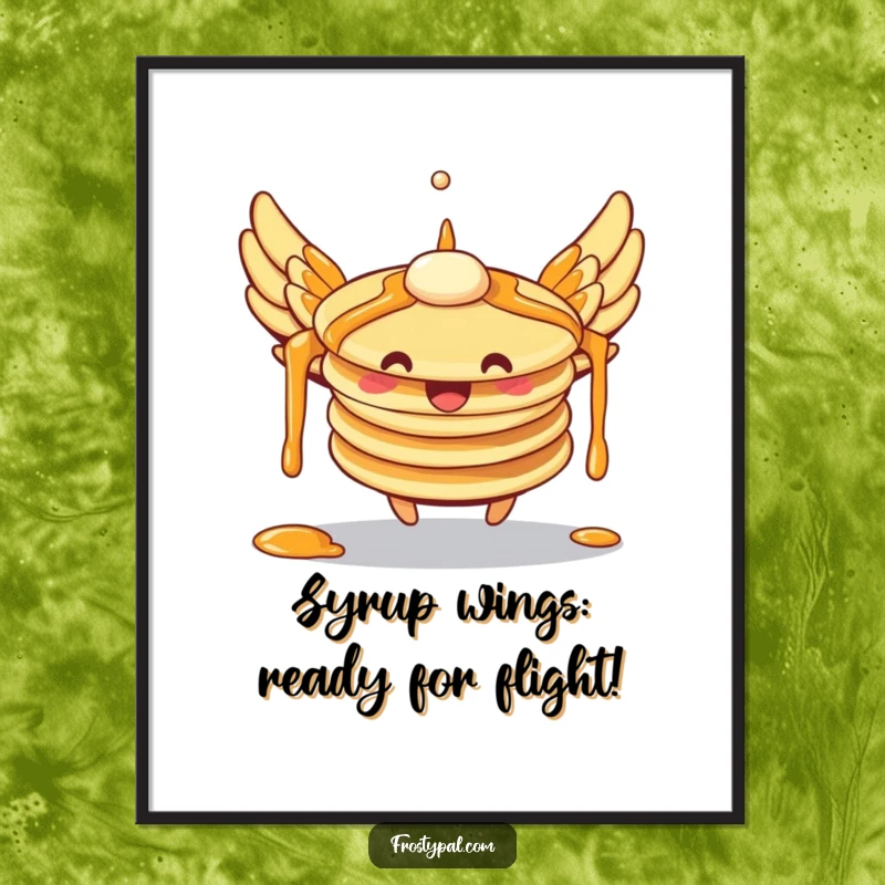 Funny free printable wall art of a wobbly stack of pancakes with syrup wings attempting to fly, whimsical and humorous.