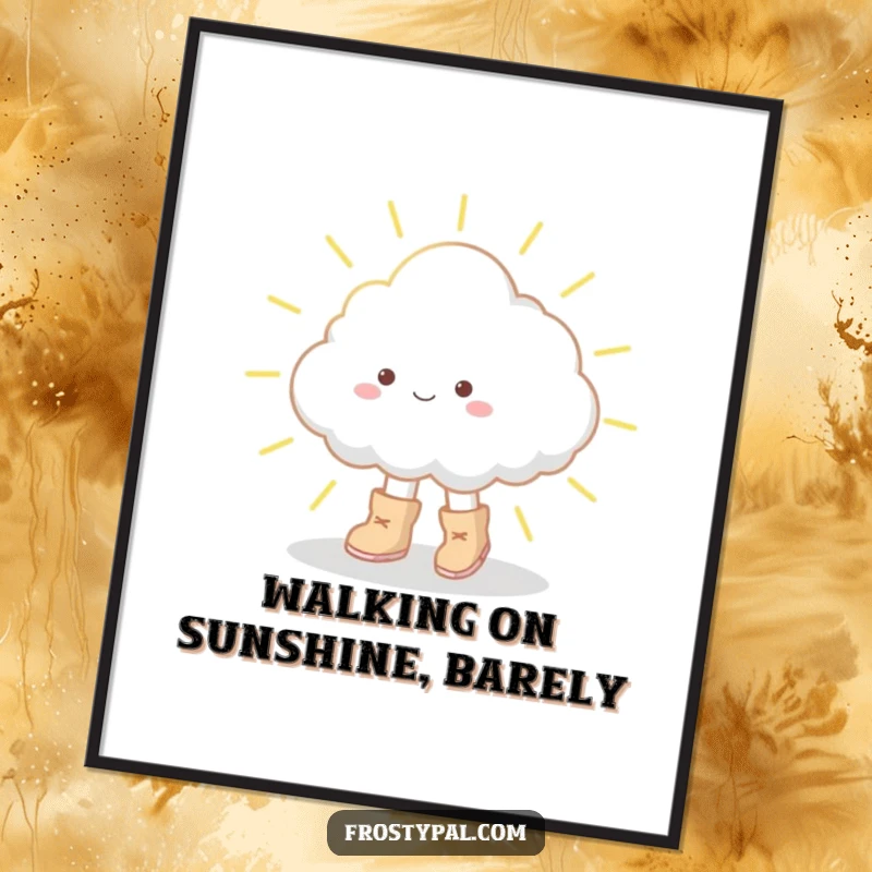 Funny Free Printable Wall Art: A small fluffy cloud in oversized boots tiptoeing cautiously across a sunbeam, adding whimsy.