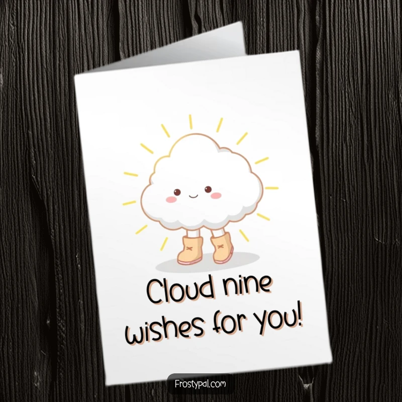 Funny Free Printable Birthday Card: A small fluffy cloud in oversized boots tiptoeing precariously across a bright sunbeam.