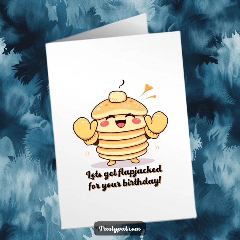 Funny Free Printable Birthday Card: A giggling stack of pancakes in big mittens trying to high-five the wind, celebrating joyfully.
