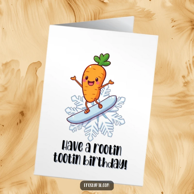 Funny Free Printable Birthday Card: A joyful carrot with stick legs happily surfing on a giant snowflake, embodying birthday excitement.