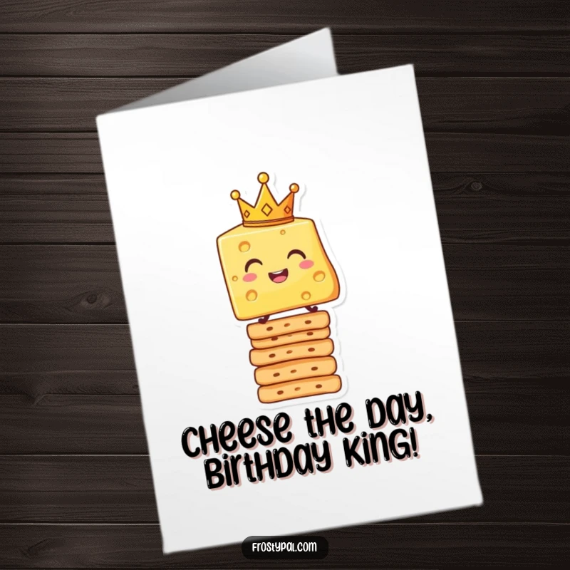 Funny Free Printable Birthday Card featuring a smiling cheese slice with a crown balancing on crackers, ready to party.