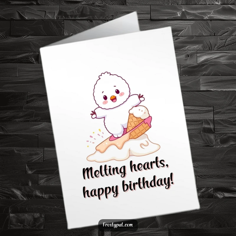 Funny free printable birthday card: a snowman attempting to surf on a melting ice cream cone, hilariously trying to stay cool.