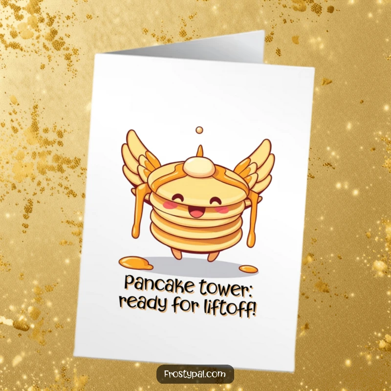 Funny free printable birthday card featuring a stack of pancakes with syrup wings struggling to fly, looking determined.
