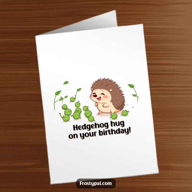 Funny Free Printable Birthday Card showing a giggling hedgehog trying its best to herd a bunch of rolling peas.