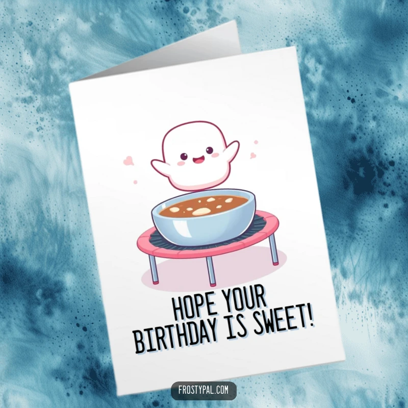Funny Free Printable Birthday Card: A marshmallow blob launching from a trampoline into a hot cocoa bowl with a splash.