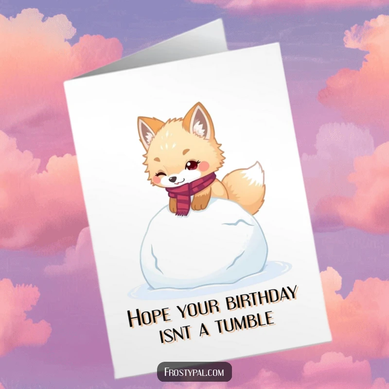 Funny Free Printable Birthday Card: Adorable arctic fox in a scarf tripping over a giant snowball, capturing a clumsy moment.
