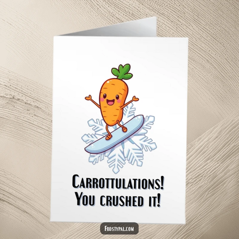 Funny Free Printable Congratulations Card: A cheerful carrot with stick legs gleefully surfing on a massive snowflake, celebrating victory.