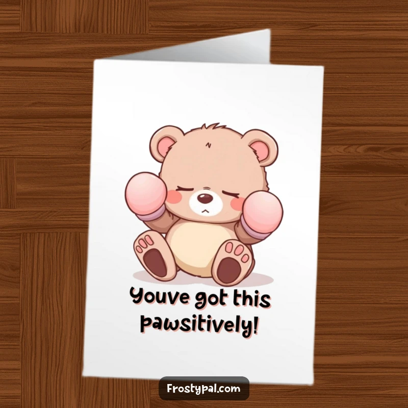 Funny free printable congratulations card featuring a sleepy bear cub in big mittens stumbling, perfect for celebrating wins.