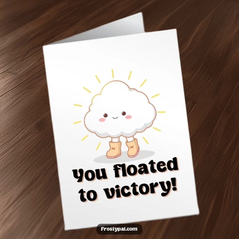 Funny Free Printable Congrats Card: A small fluffy cloud in oversized boots tiptoeing across a sunbeam, celebrating achievement.
