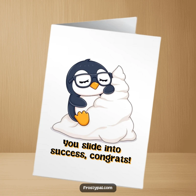 Funny Free Printable Congratulations Card: A sleepy penguin wearing glasses slides down a huge mountain of whipped cream, celebrating achievement.