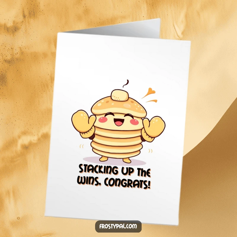 Funny Free Printable Congratulations Card: A stack of giggling pancakes in oversized mittens attempting to high-five the wind, symbolizing ambition.
