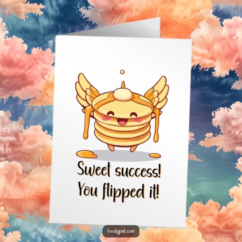 Funny free printable congratulations card showing a stack of pancakes with syrup wings attempting a triumphant flight, looking successful.
