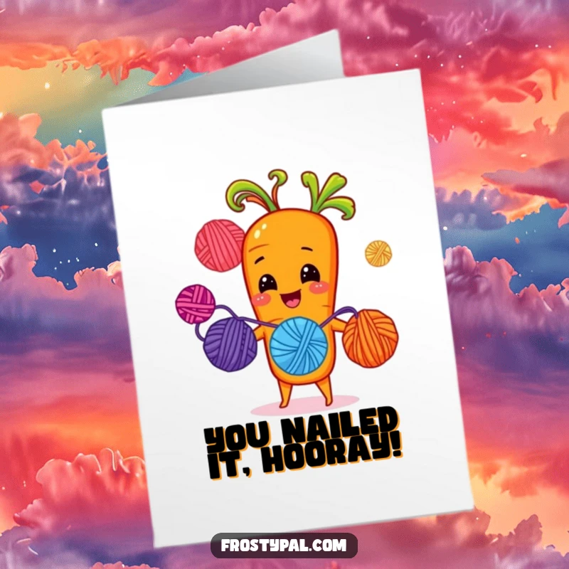 Funny free printable congratulations card: a cheerful carrot juggling yarn balls with sprout-hands, celebrating a skillful win.