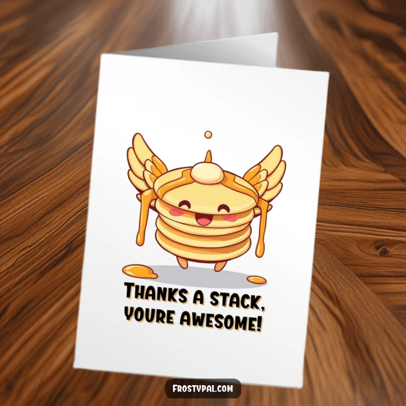 Funny free printable thank you card with a stack of pancakes using syrup wings trying to fly, conveying gratitude.
