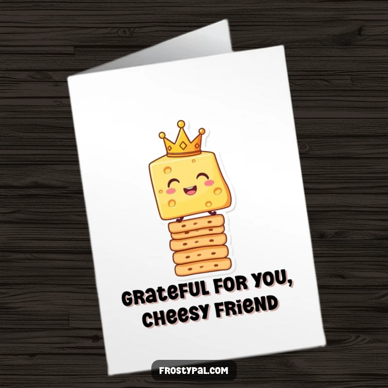 Funny Free Printable Thank You Card featuring a crowned cheese slice on crackers, expressing sincere funny appreciation.
