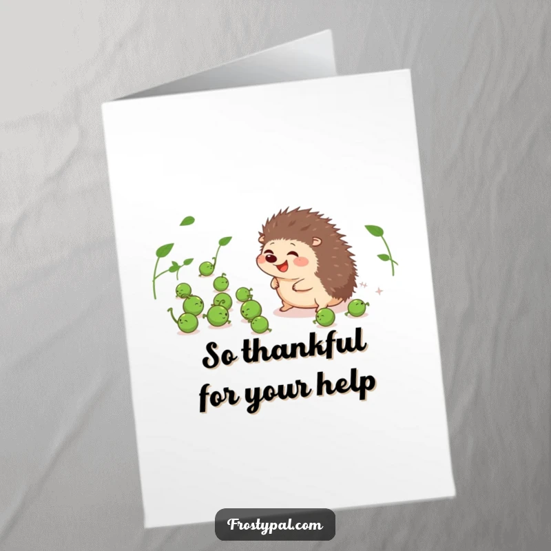 Funny Free Printable Thank You Card with a giggling hedgehog attempting to round up rogue peas, saying thank you.
