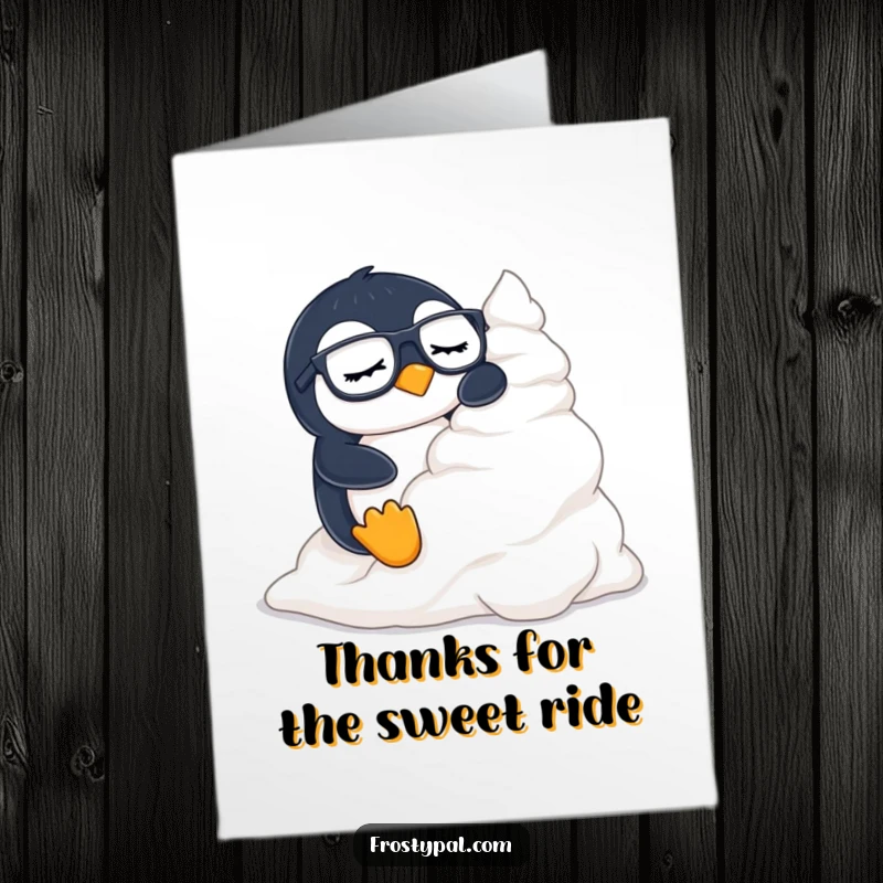 Funny Free Printable Thank You Card: A sleepy penguin in glasses sliding down whipped cream, a sweet and funny way to say thanks.