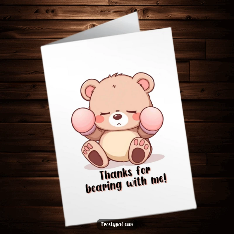 Funny free printable thank you card with a sleepy bear cub in mittens tripping over its feet, conveying thanks adorably.