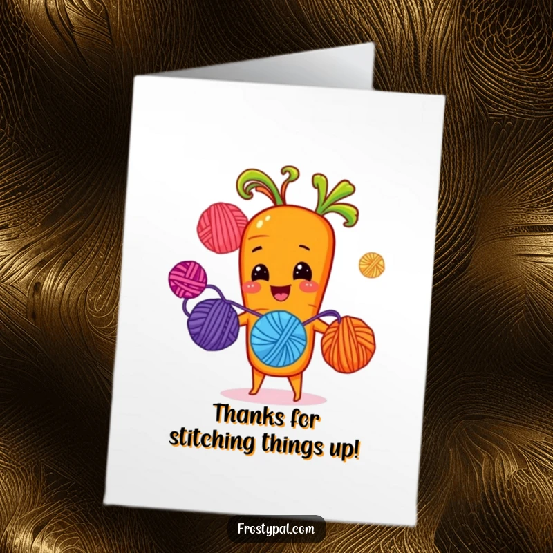 Funny free printable thank you card: a cheerful carrot juggling yarn balls with sprout-hands, expressing thanks creatively.