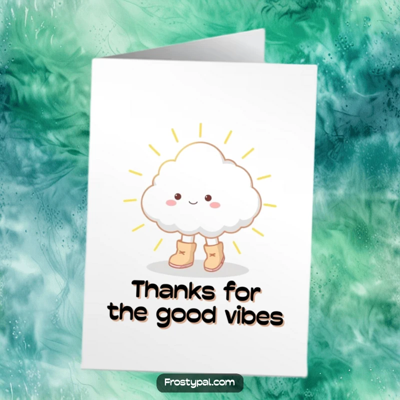 Funny Free Printable Thank You Card: A small fluffy cloud in oversized boots tiptoeing across a sunbeam, expressing gratitude.