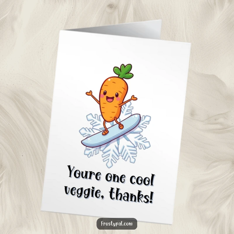 Funny Free Printable Thank You Card: A happy carrot with stick legs surfing a giant snowflake, a fun way to say thank you.
