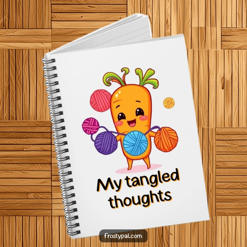 Funny cheerful carrot juggling brightly colored yarn balls with sprout-hands, a vibrant and humorous notebook for crafters.