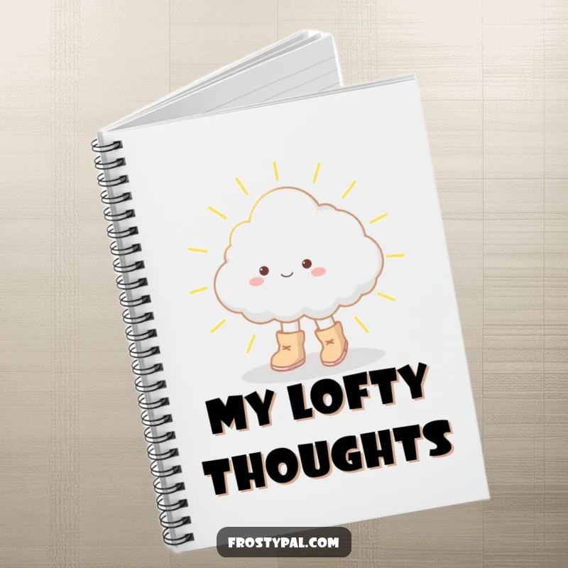 Funny notebook featuring a cloud in oversized boots tiptoeing on a sunbeam, perfect for note-taking and creative inspiration.