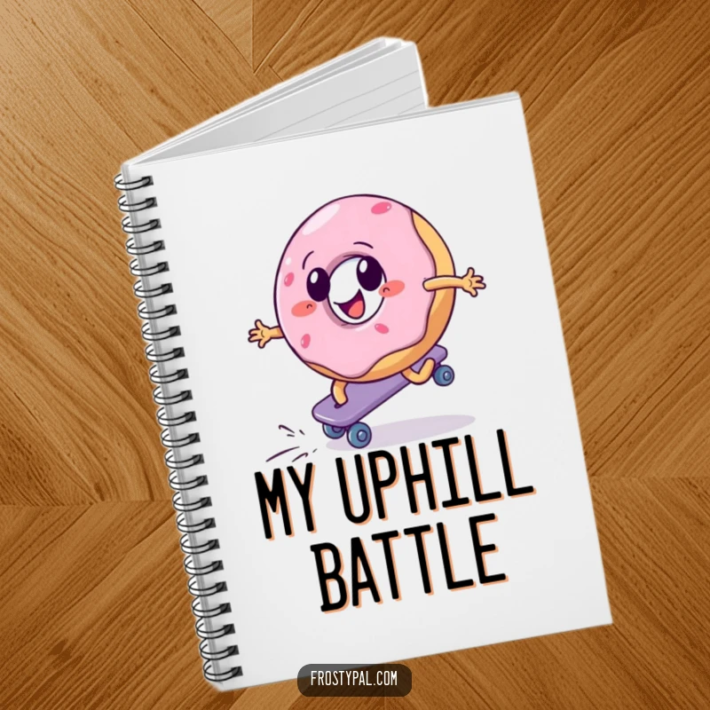 Funny notebook showing a donut aggressively roller skating uphill, perfect for jotting down notes and ambitious plans with humor.