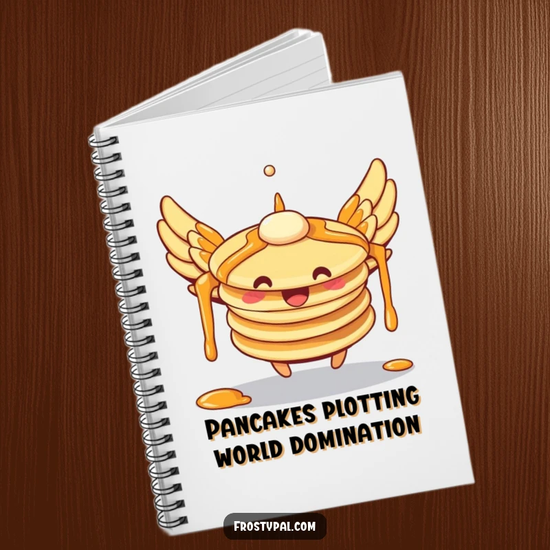 Funny pancakes notebook with syrup wings attempting flight, showing a cute breakfast character and inspiring creativity with its humorous cover.