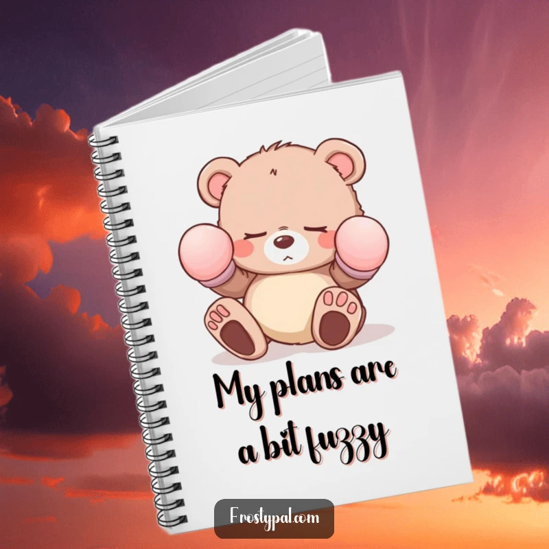 Funny sleepy bear cub notebook with oversized mittens tripping, showcasing a cute character and inspiring funny notes and doodles.