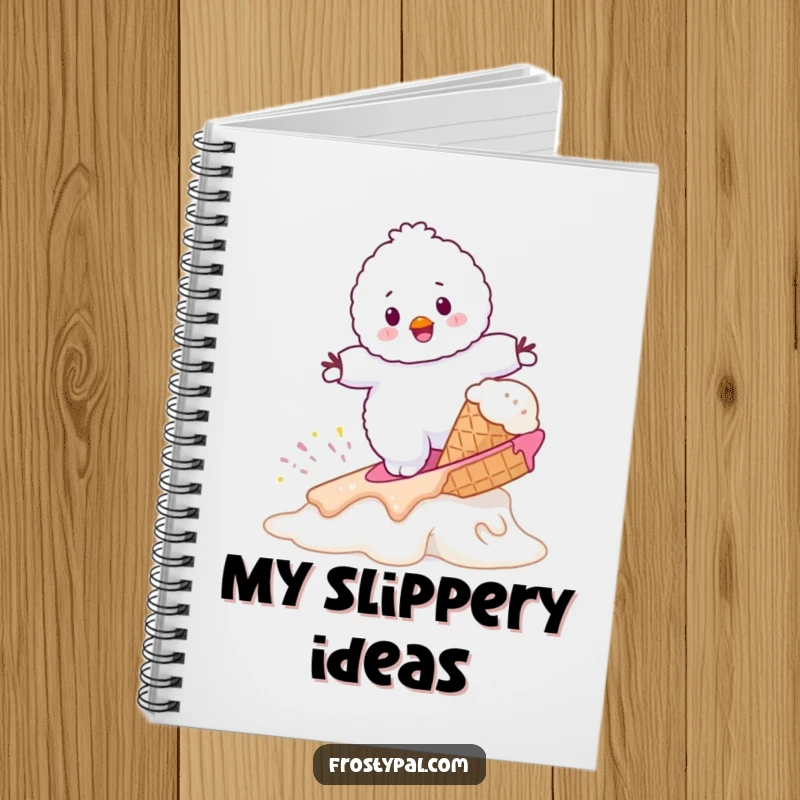 Funny fluffy white snowman attempting to surf on a melting ice cream cone, a wacky and humorous notebook.
