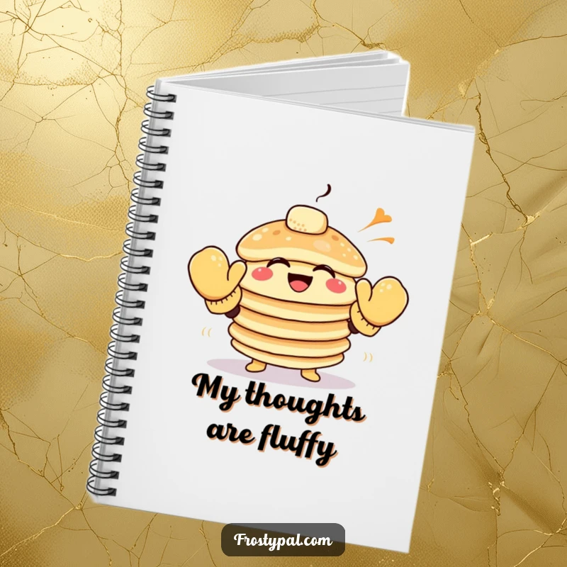 Funny pancake notebook cover, depicting a giggling stack of pancakes wearing oversized mittens attempting to high-five the wind.