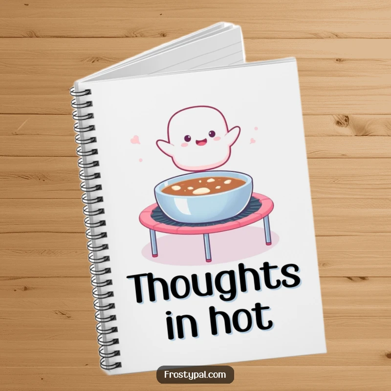 Funny notebook showing a marshmallow blob launching from a trampoline into hot cocoa, perfect for jotting down sweet ideas and notes.