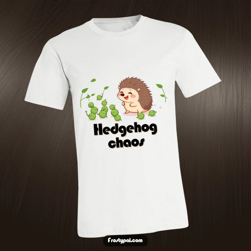 Funny t-shirt with a giggling hedgehog attempting to herd a flock of runaway peas, depicting a humorous struggle.