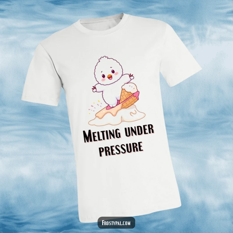 Funny fluffy white snowman attempting to surf on a melting ice cream cone, a wacky and humorous graphic tee.