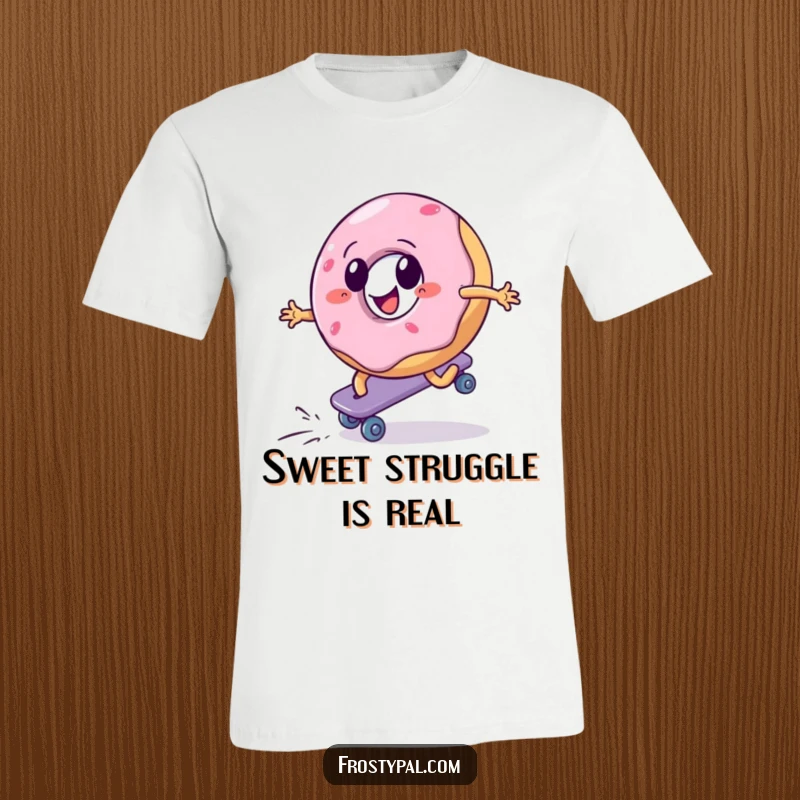 Funny t-shirt with a donut aggressively roller skating uphill, representing perseverance with a humorous and sugary twist, a great gift.
