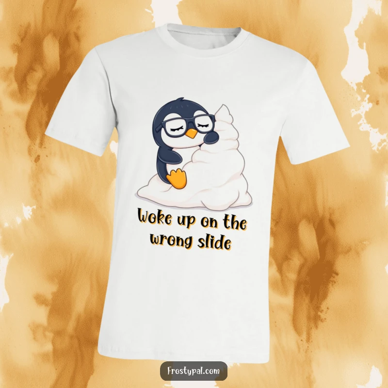 Funny penguin t-shirt depicts a sleepy penguin wearing glasses, humorously sliding down a snowy mountain of whipped cream.
