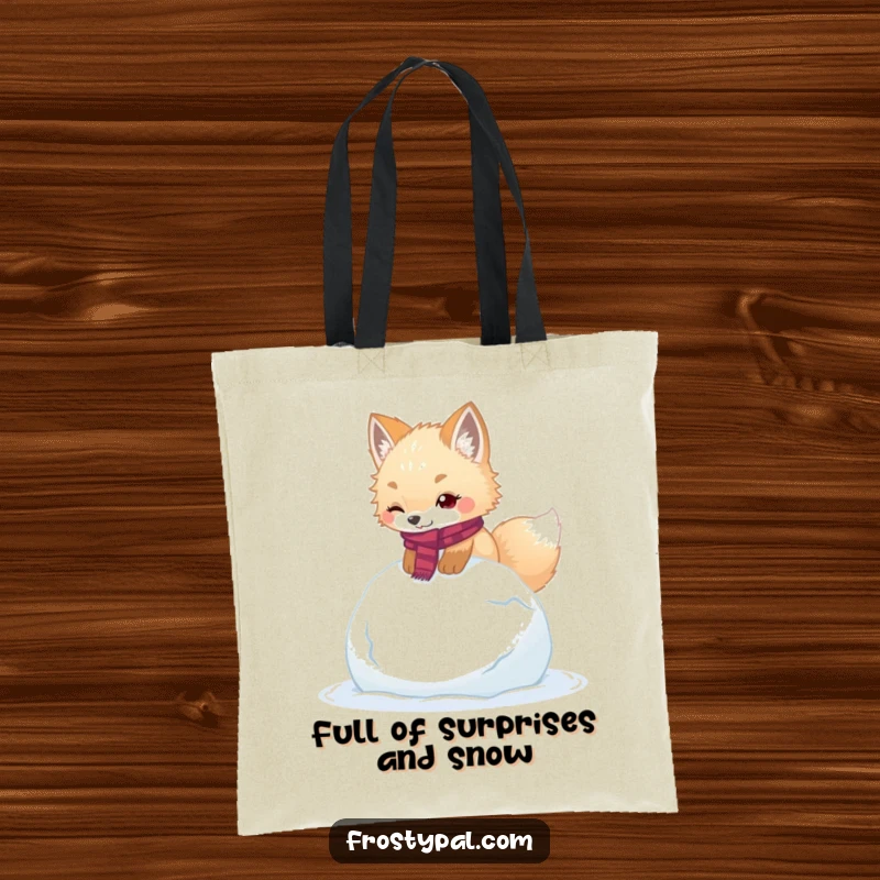 Funny arctic fox tote bag shows a fluffy fox in a scarf comically tripping over a huge snowball.