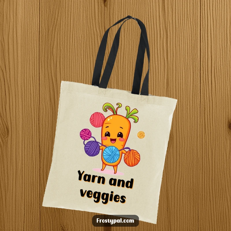 Funny cheerful carrot juggling brightly colored yarn balls with sprout-hands, a stylish and humorous tote bag.