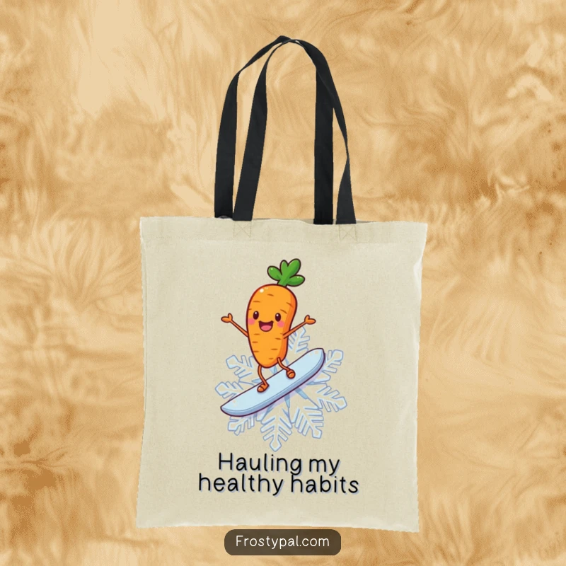 Funny carrot tote bag displays a cheerful carrot with stick legs joyfully surfing on a giant snowflake.