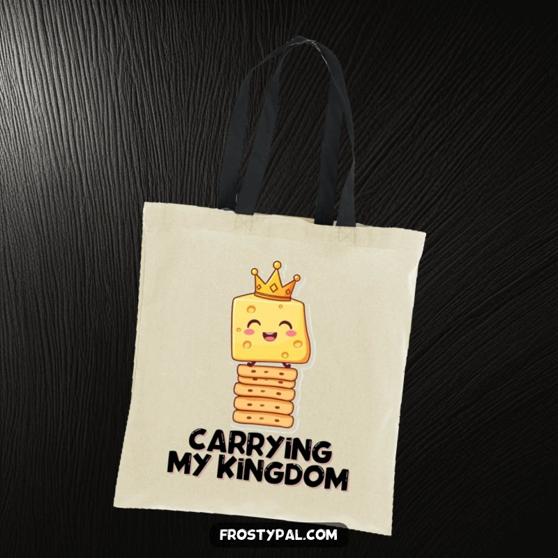 Funny tote bag with a smiling cheese slice wearing a crown, balancing on crackers, a humorous and convenient accessory.