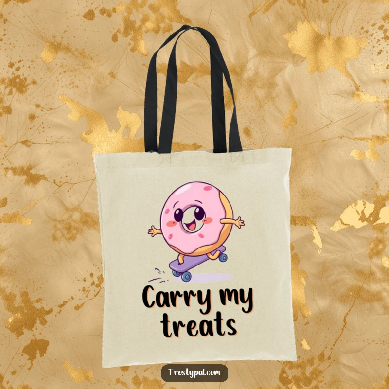 Funny tote bag featuring a donut aggressively roller skating uphill, symbolizing ambition and a sweet journey, perfect for everyday use.